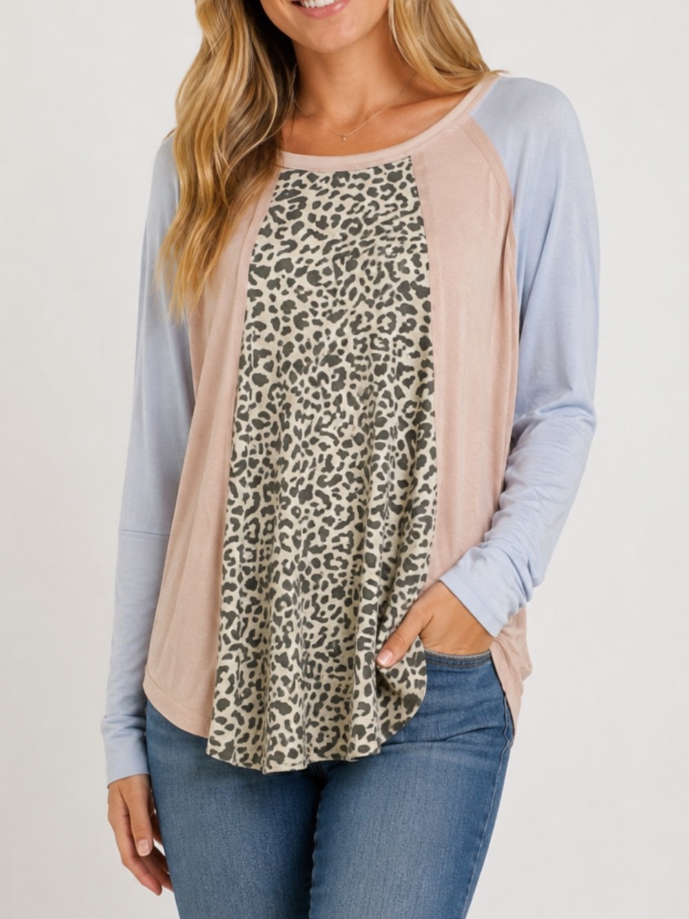 GiGio USA Leopard Colorblock Dolman Sleeve Top Blush Blue Oversized L NWT